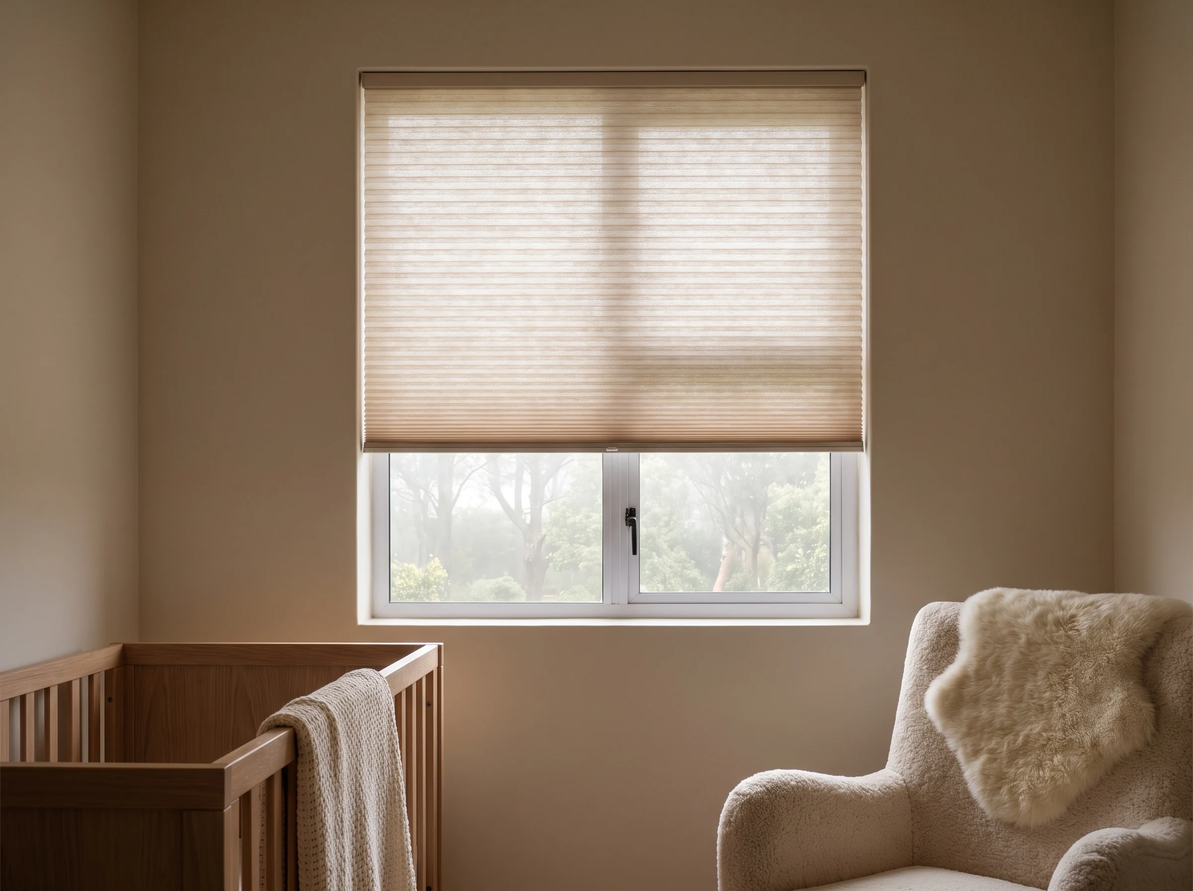 Cellular honeycomb blind lowered over a nursery window in a George home