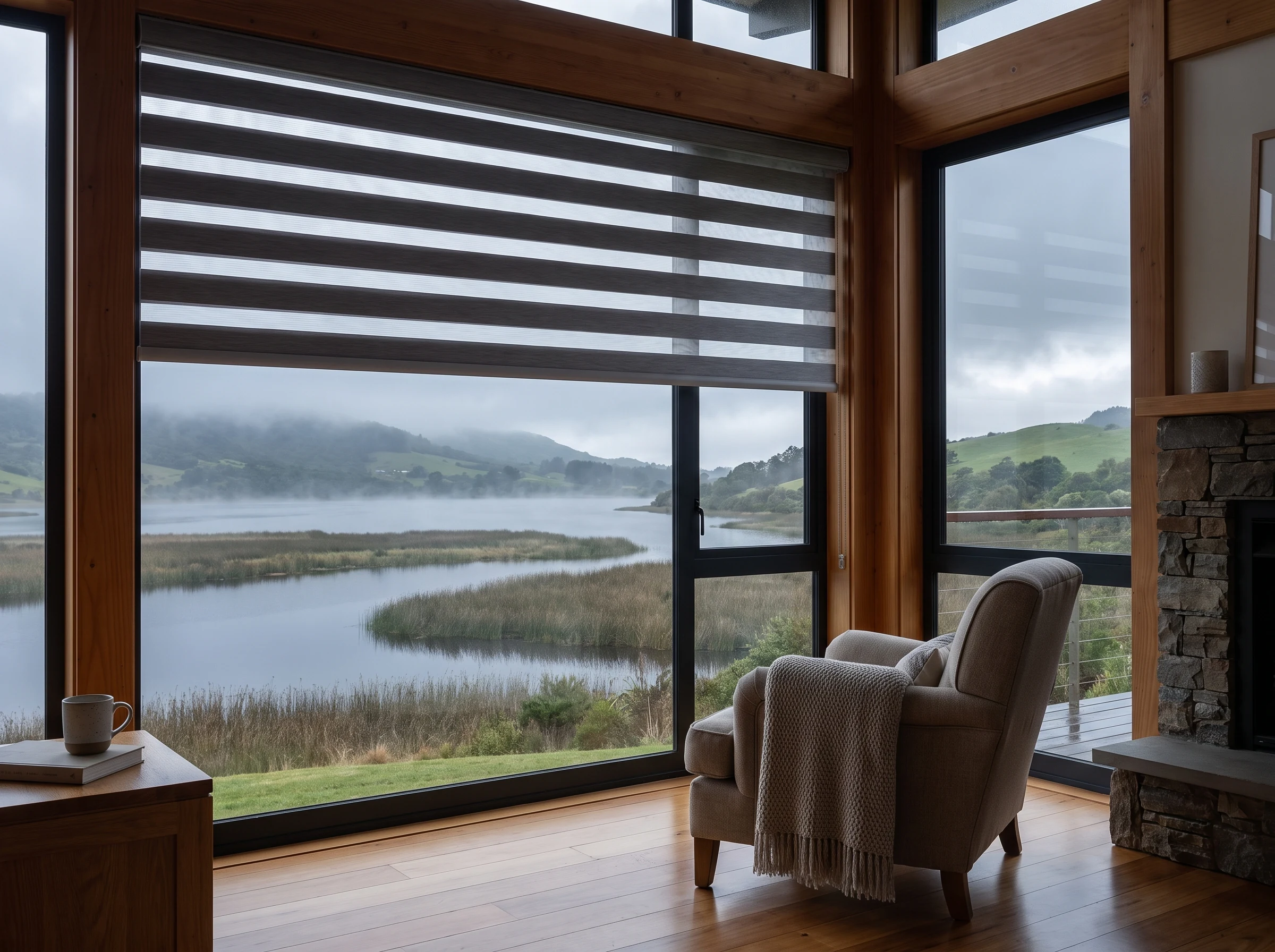 Day and night banded roller blind on a lounge window overlooking the Wilderness lagoon under morning mist