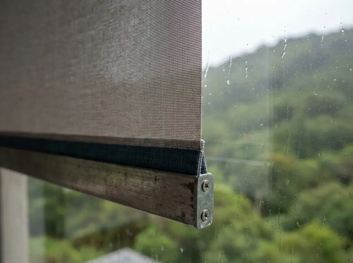 Close-up of roller blind fabric edge and aluminium bottom bar against a rain-speckled window with blurred forested Garden Route hillside behind