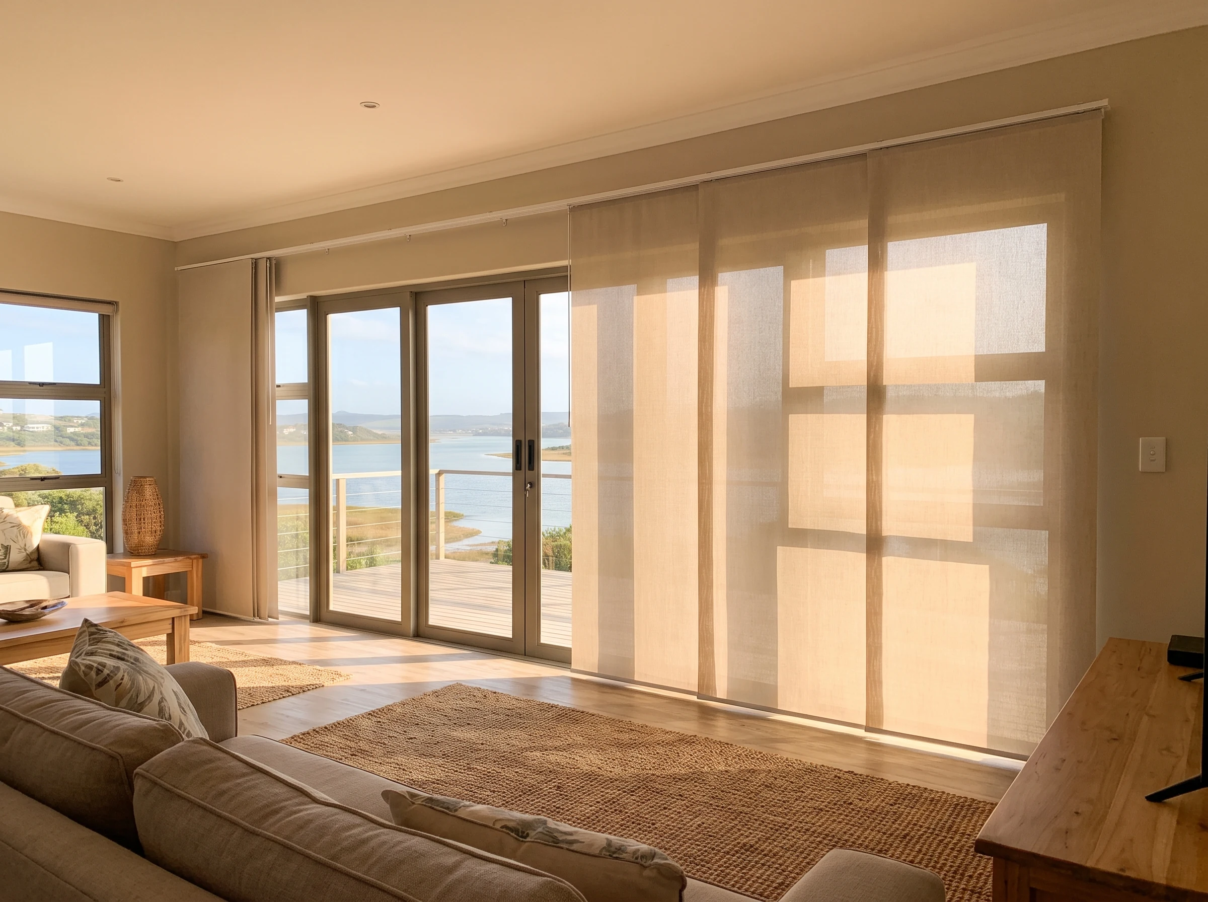 Vertical panel blinds on wide stacking patio doors facing the Swartvlei lagoon in Sedgefield