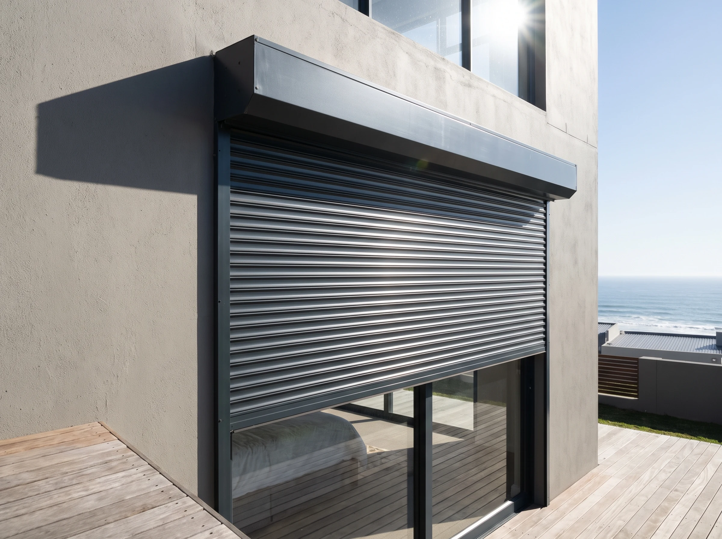 Aluminium roller shutter partially lowered on the exterior of a Mossel Bay home for sun control