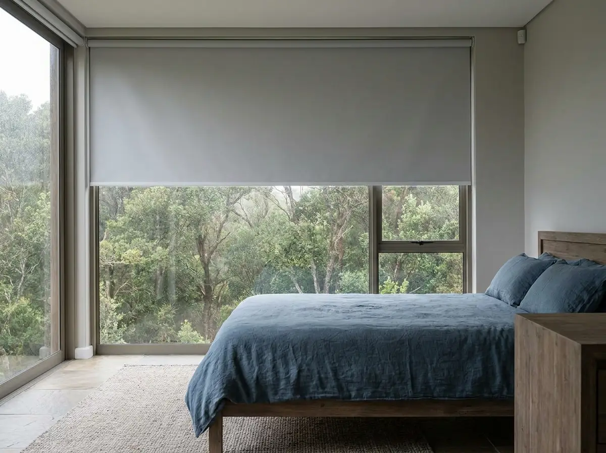 Light grey roller blind fully covering bedroom window facing indigenous forest, wooden bed with blue linen bedding