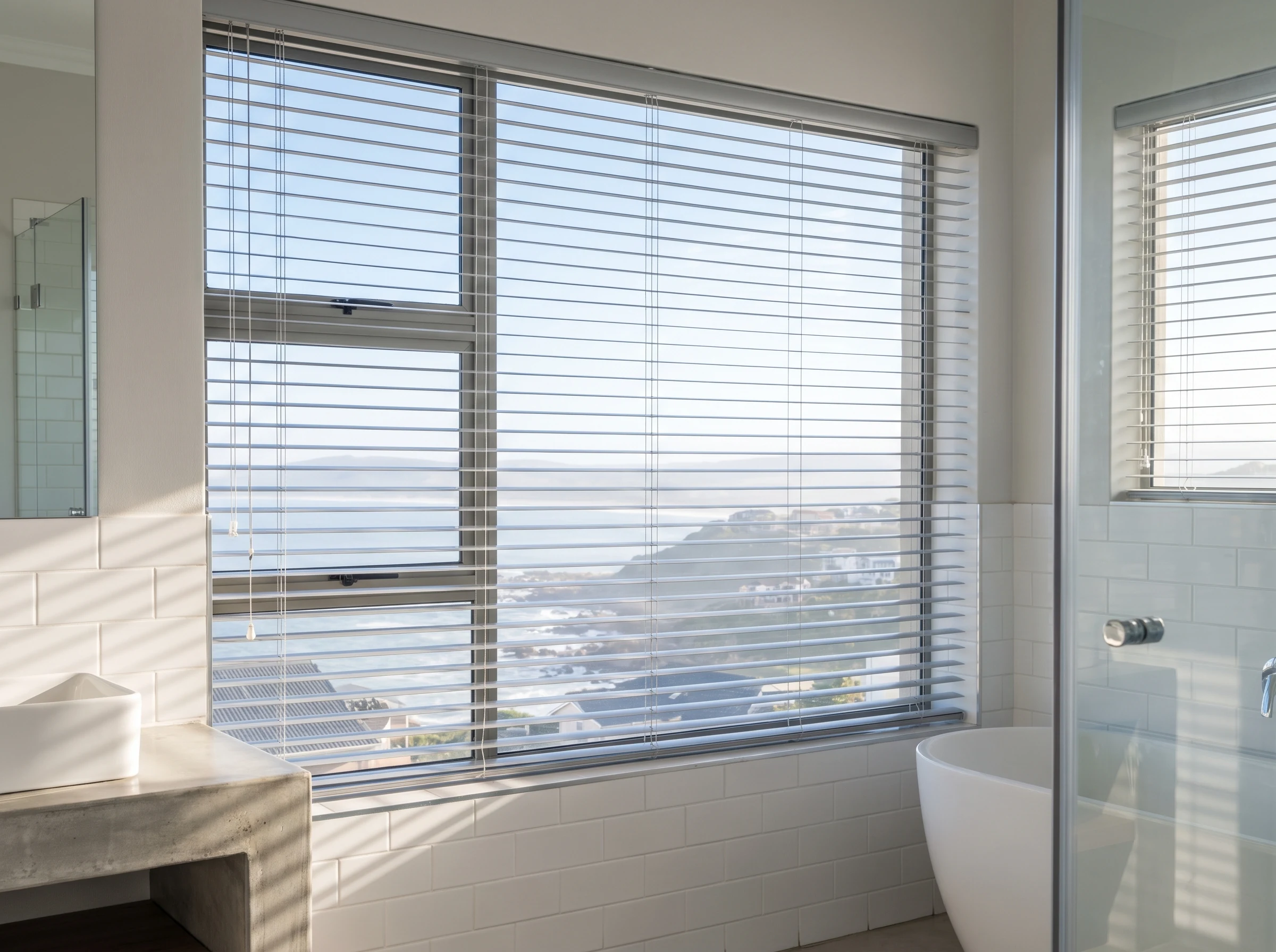 Aluminium venetian blind tilted open in a Mossel Bay bathroom overlooking the bay